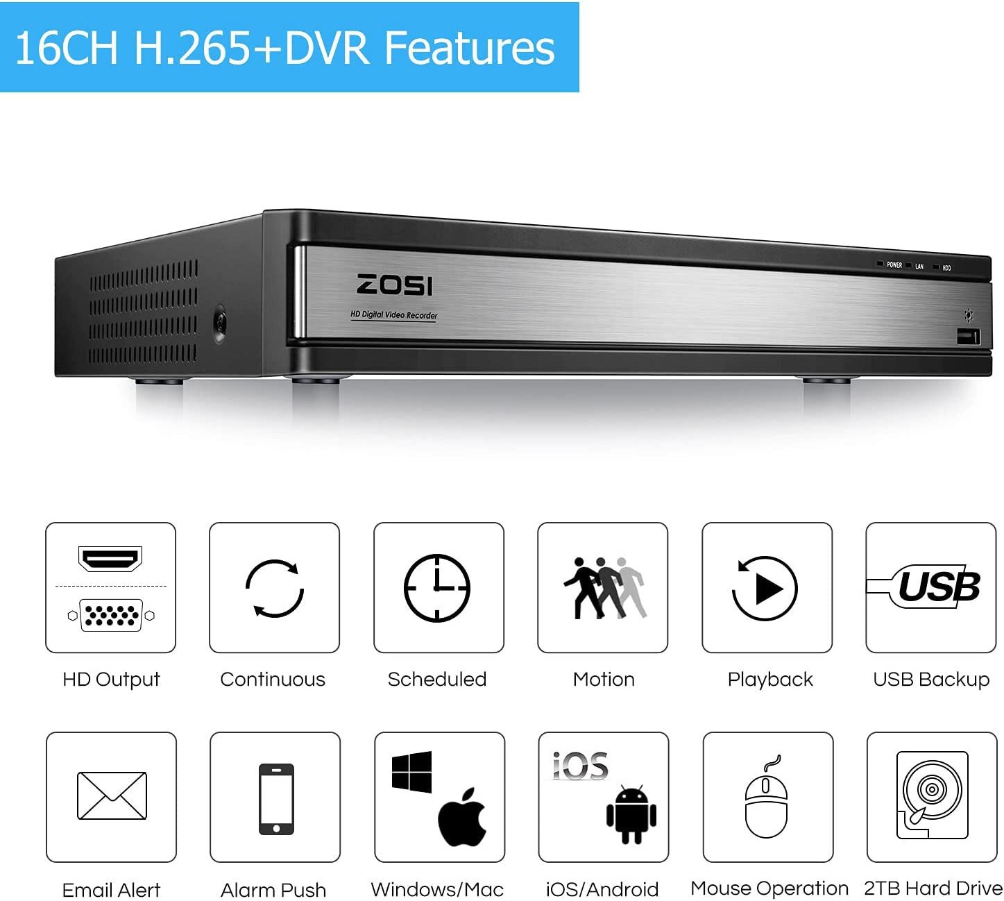ZOSI 16CH H.265+ 2TB DVR +12 x 2MP Cameras Security System Outdoor Night Vision