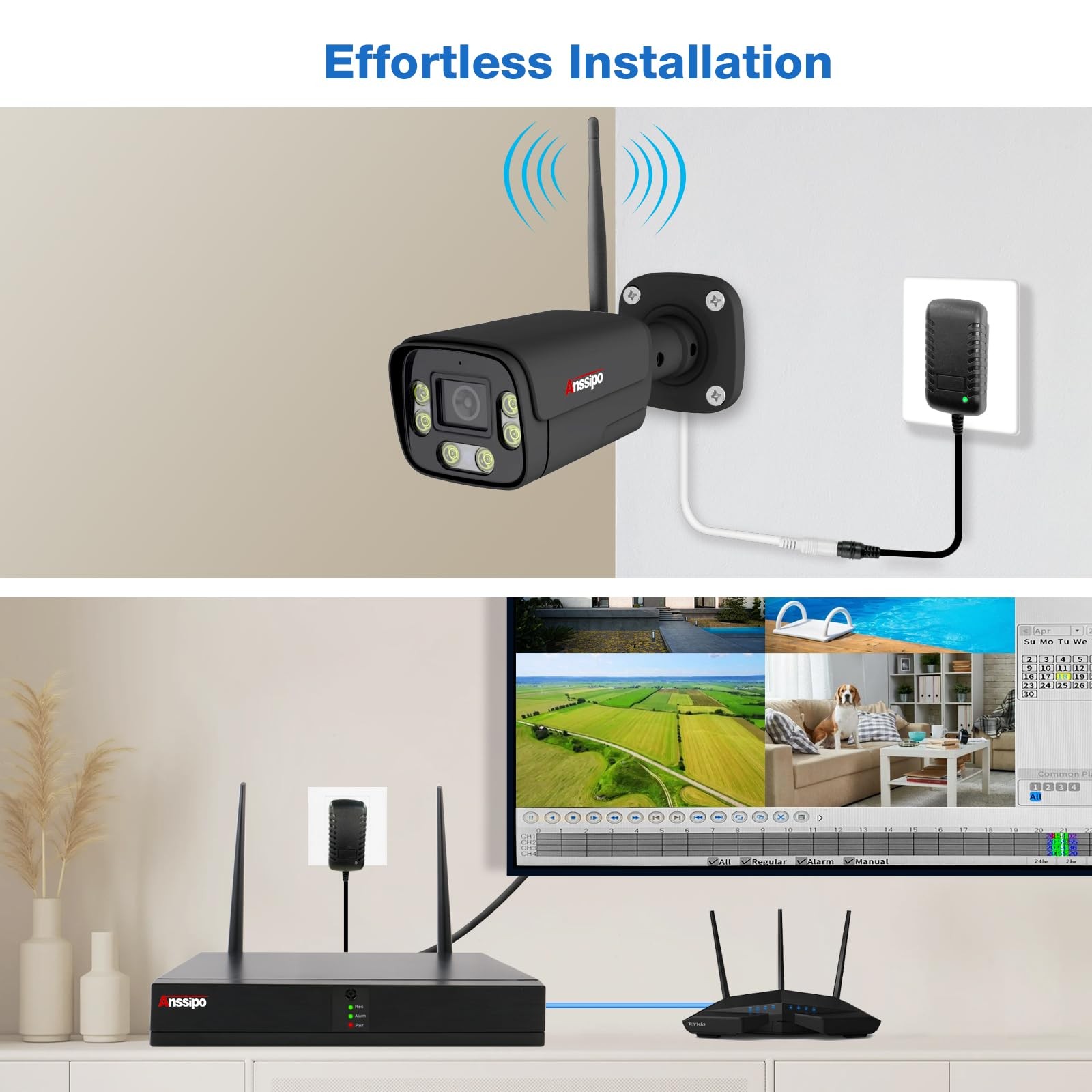 Security Camera System Wireless, 8 Plug-in Wired Outdoor Indoor Cameras