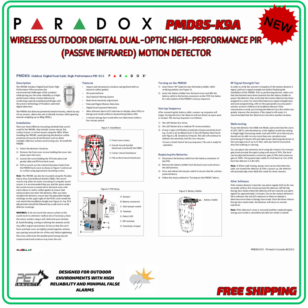 Paradox PMD85 – Outdoor Digital Dual-Optic Magellan Wireless PIR Motion 433MHz