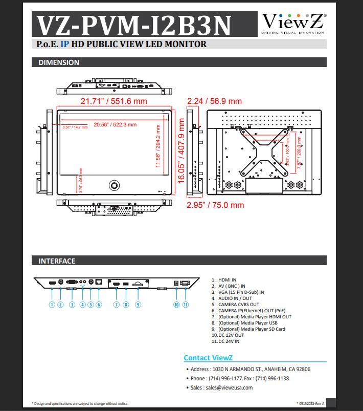 ViewZ VZ-PVM-I2B3N 23″ 1920×1080 IP PVM Based CCTV Monitor w 2MP Camera Black