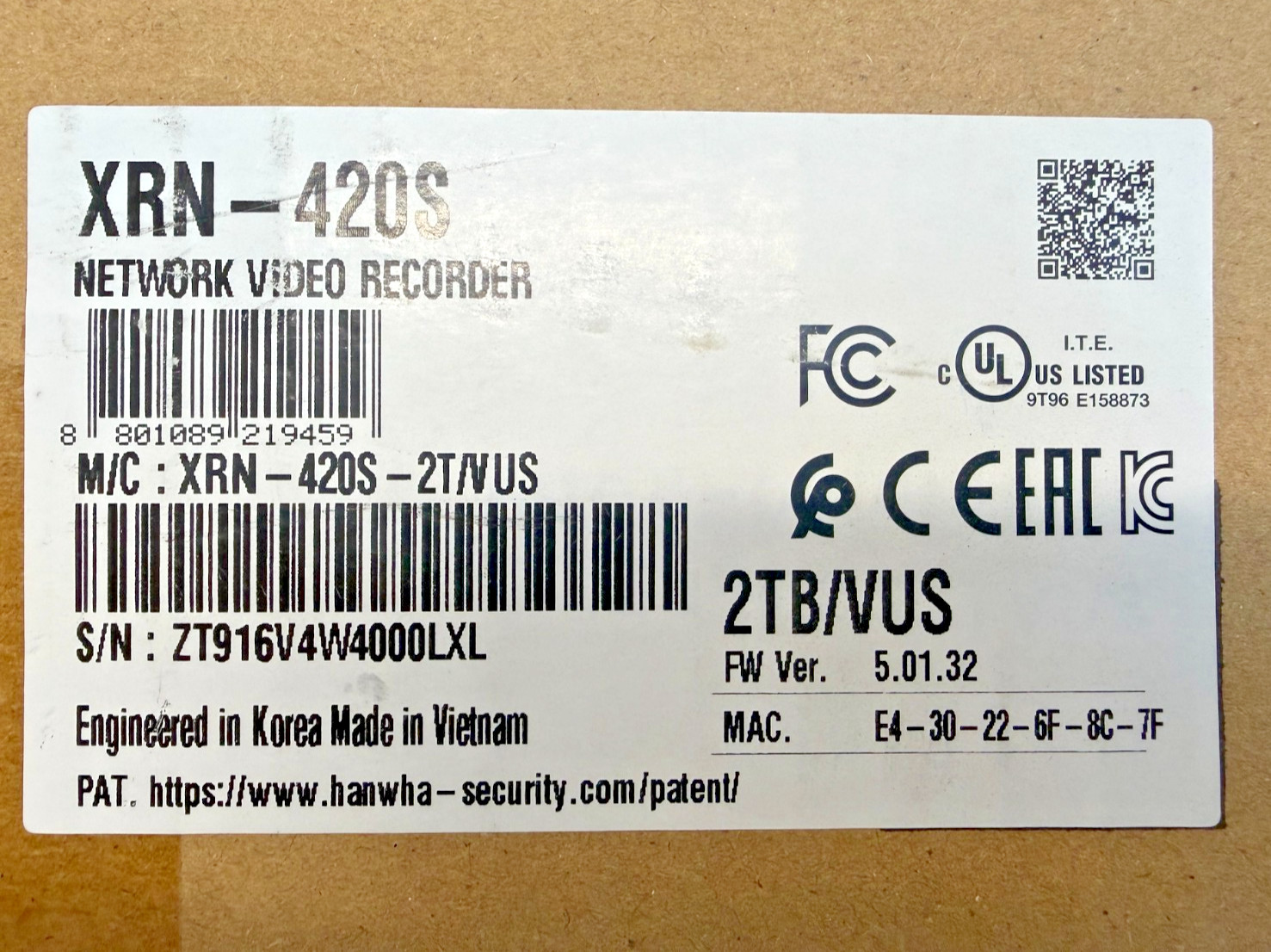 Hanwha Techwin XRN-420S-2TB HDD 4CH 4K NVR Security Recorder
