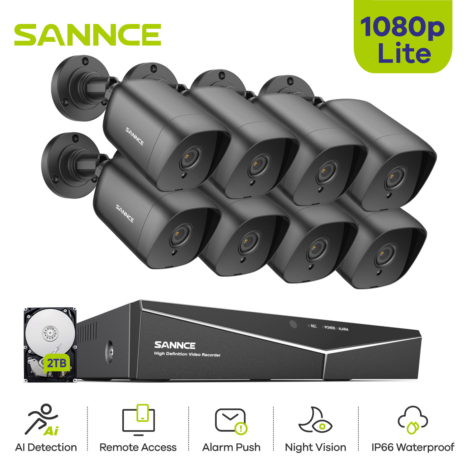 SANNCE 5in1 8CH DVR 1080P CCTV Security Camera System Outdoor EXIR Night Vision