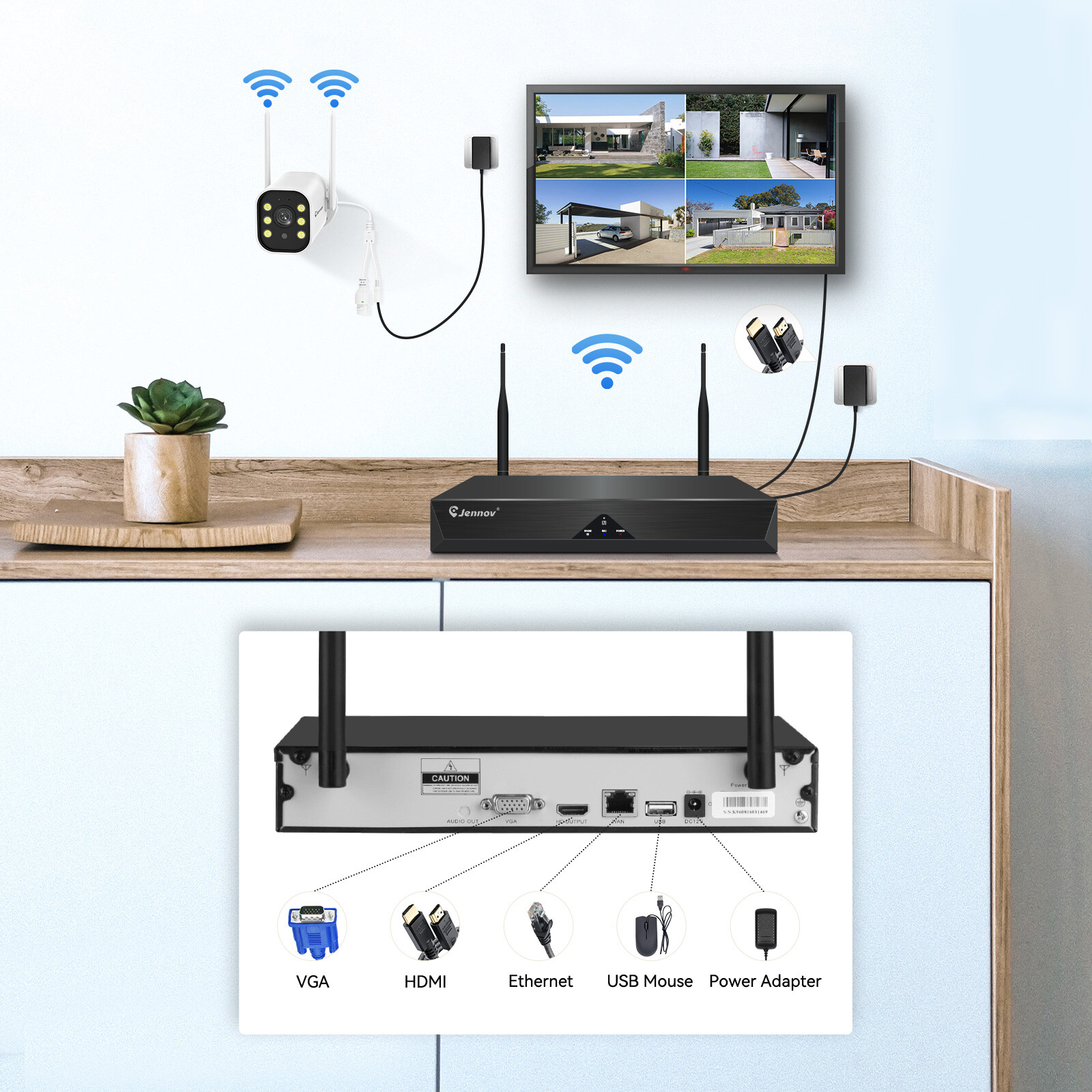 JENNOV 5MP CCTV Security Camera System Wireless 10CH NVR WIFI 24/7 Recording