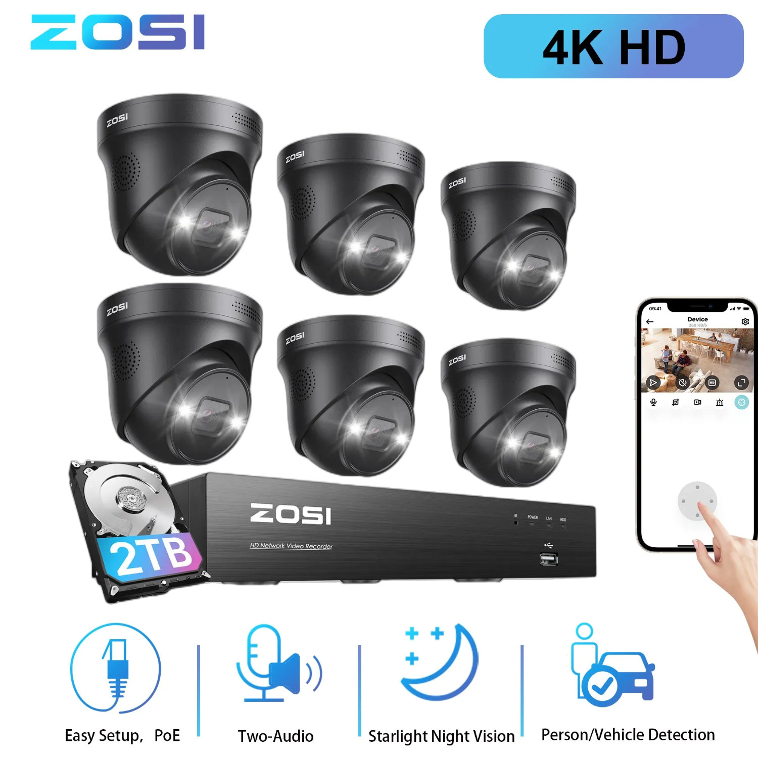 ZOSI 8CH 4K NVR 8MP PoE Security Camera System Wi-Fi Two-Way Audio Night Vision