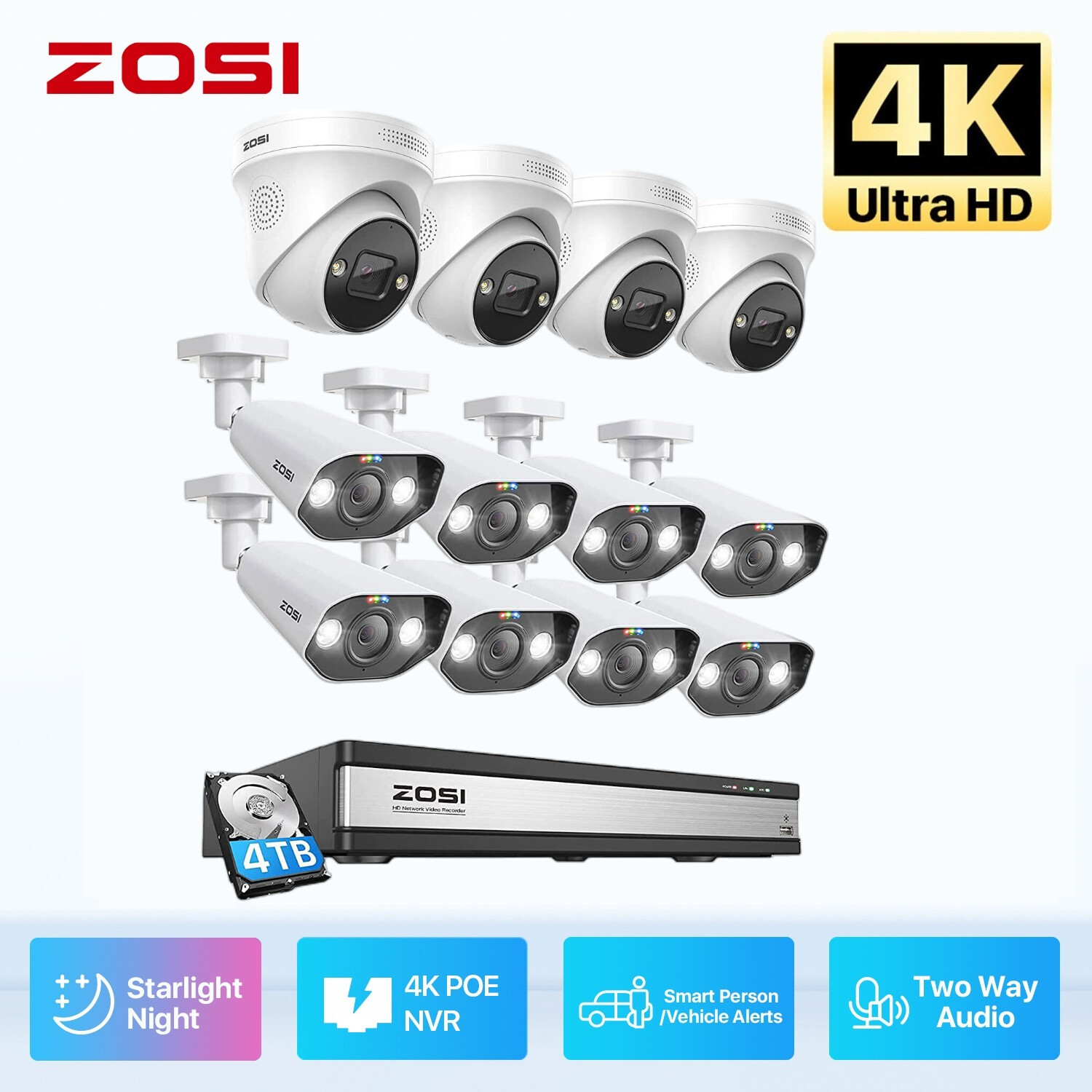 ZOSI 8CH/16CH 4K 8MP POE Home Security Camera System Audio Vehicle Detect 2/4T