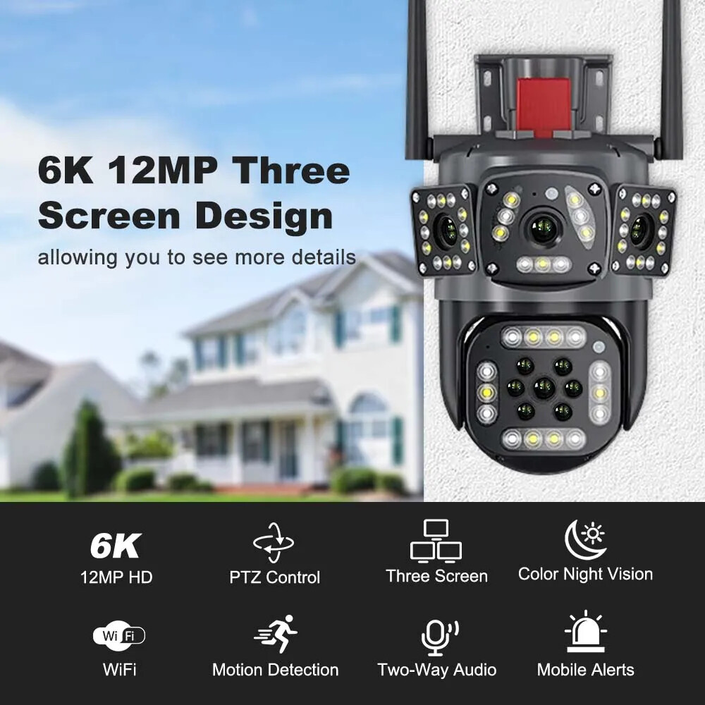 4K 9MP IP WiFi 360° 10X Zoom 3 Lens 3 Screens Security Camera System Outdoor PTZ