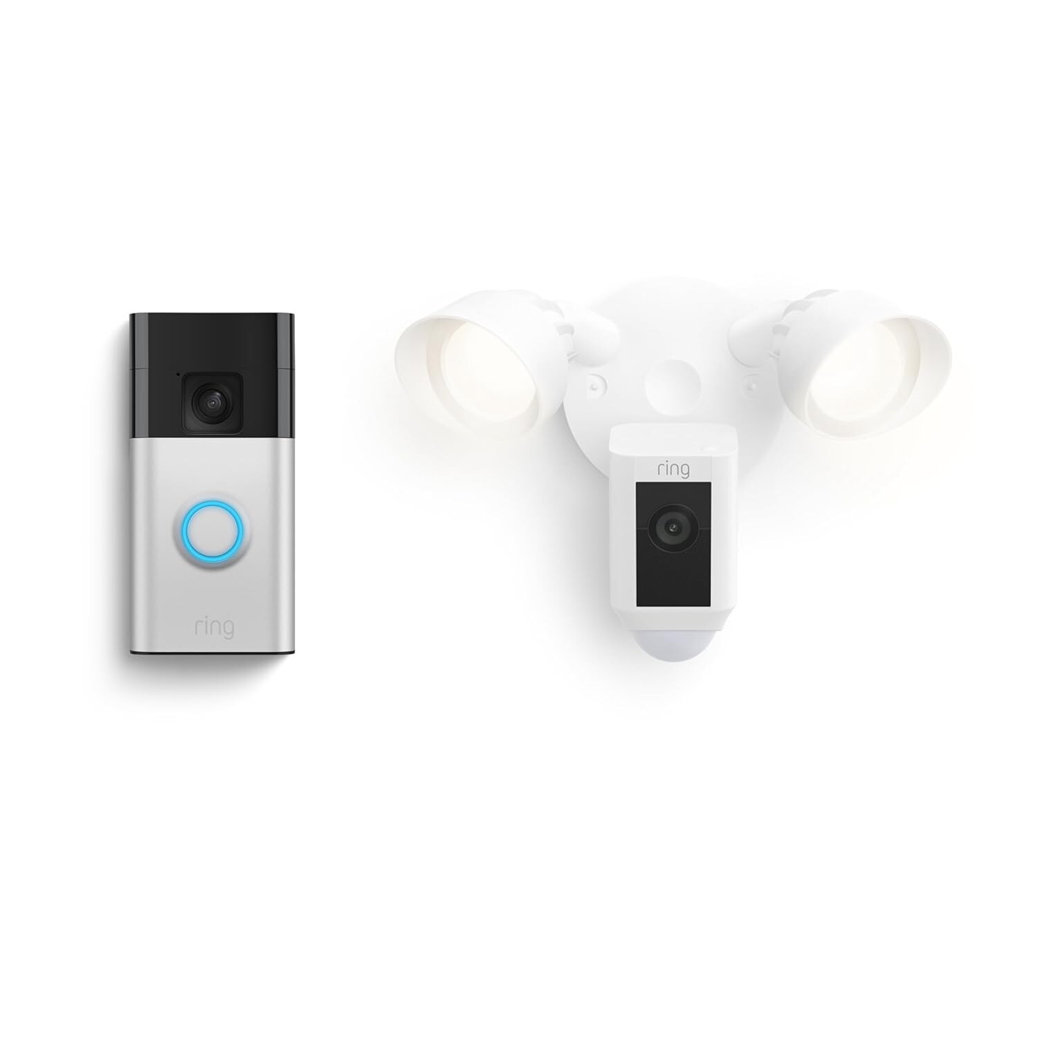 Ring Battery Doorbell Satin Nickel with Floodlight Cam Wired Plus White
