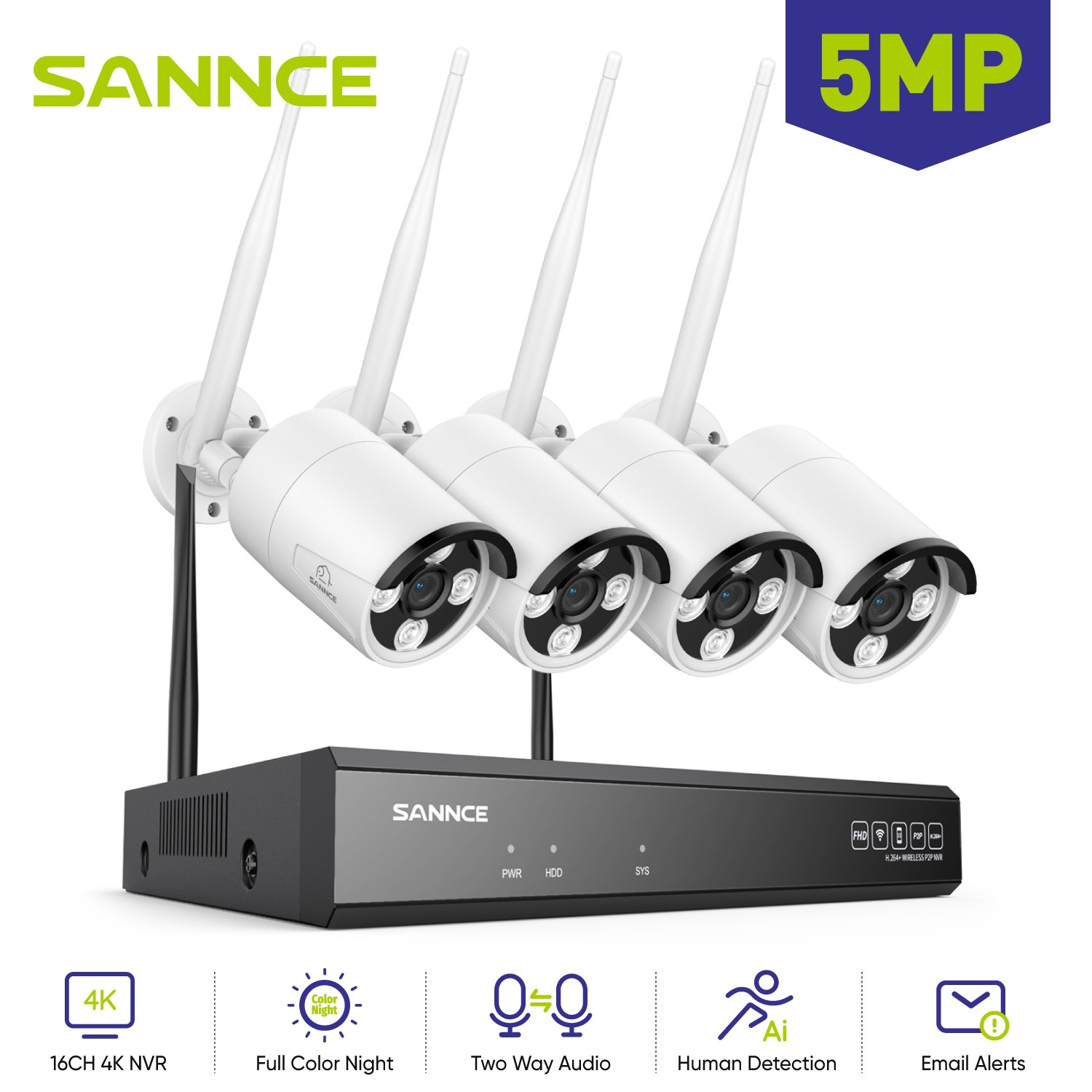 SANNCE 5MP Wireless Two Way Audio Outdoor Security Camera System IP 16CH 4K NVR