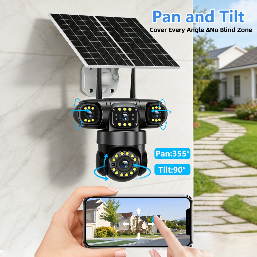 4PCS 16MP 4G SIM Solar Battery Security IP Camera Outdoor Home 4 Lens PTZ CCTV