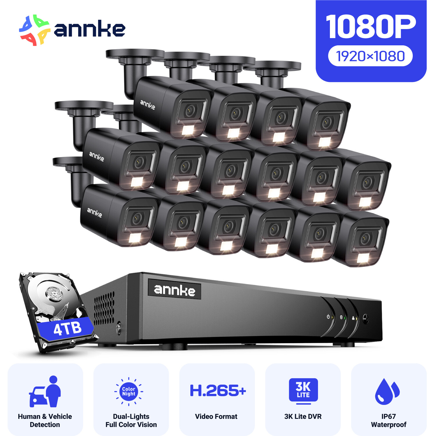 ANNKE H.265+ 16CH 3K Lite 5IN1 DVR 1080P Outdoor Wired Security Camera System AI
