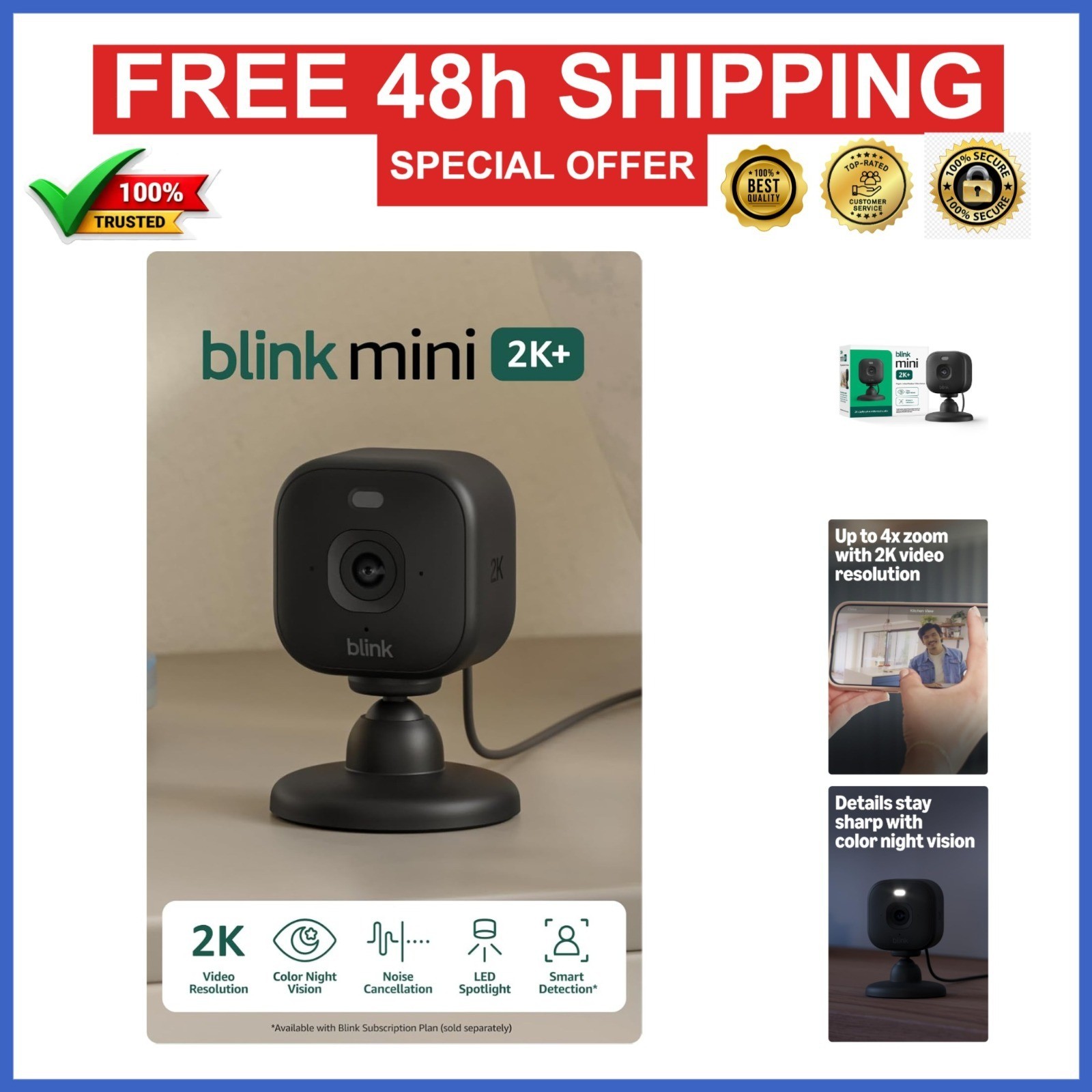 Blink Mini 2K+ Indoor Security Camera – 2K Resolution, Night Vision