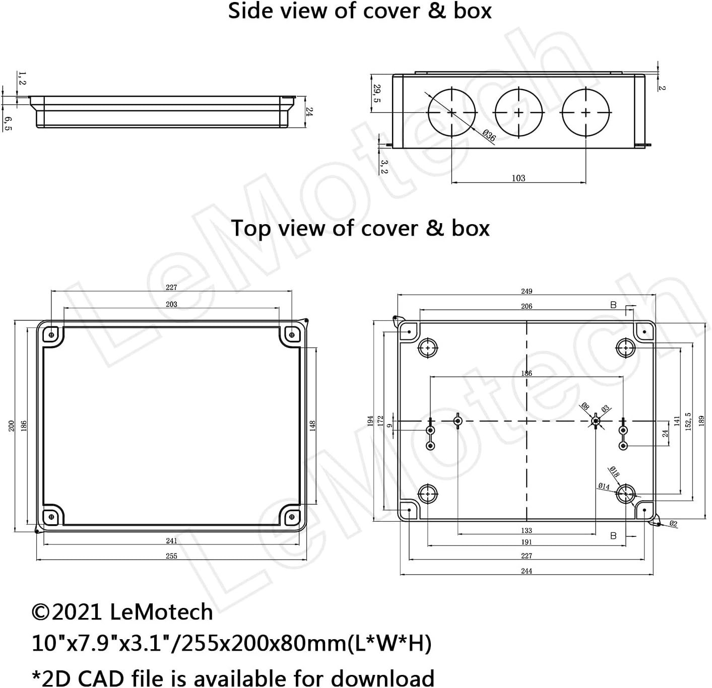 LeMotech Junction Box, ABS Plastic IP65 10″ x 7.9″ x 3.1″ (1pc), White