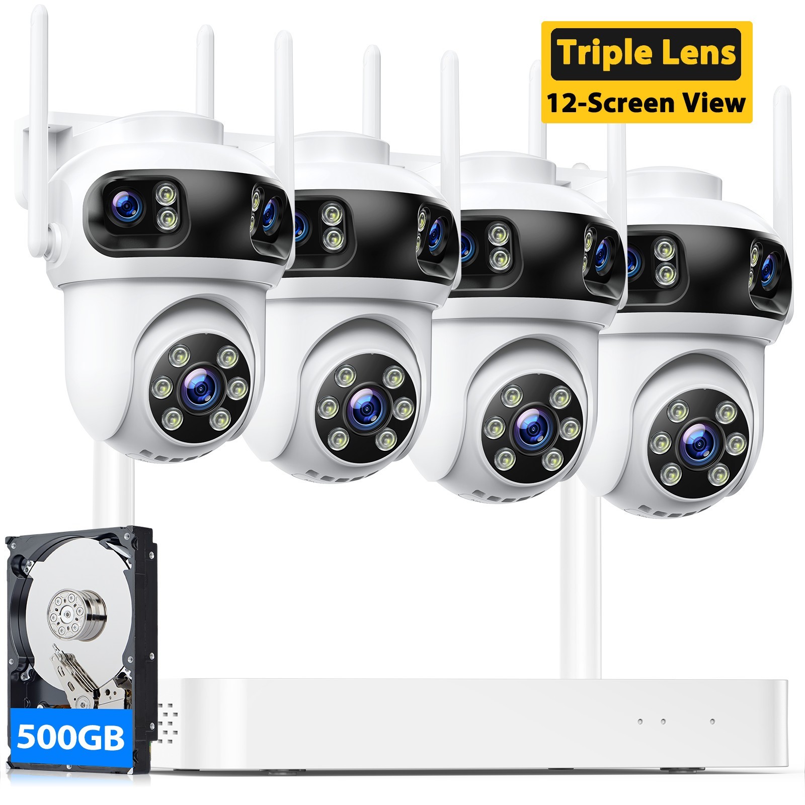 Wireless 10CH Security System Outdoor 3K PTZ Triple Lens Auto Tracking 4 Cameras