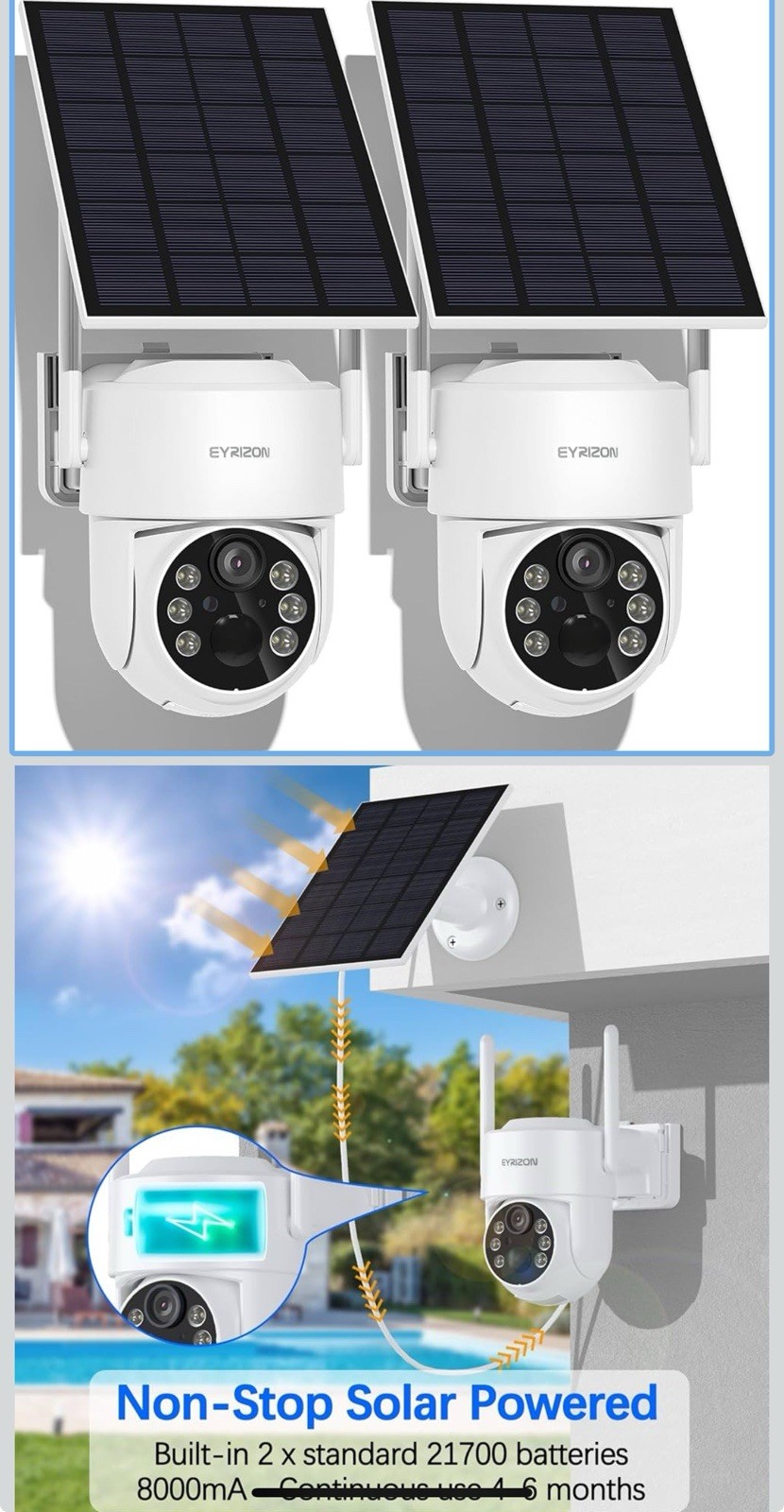Tris Home Wireless Outdoor PTZ Camera 2-2-Pack, Solar, Weatherproof
