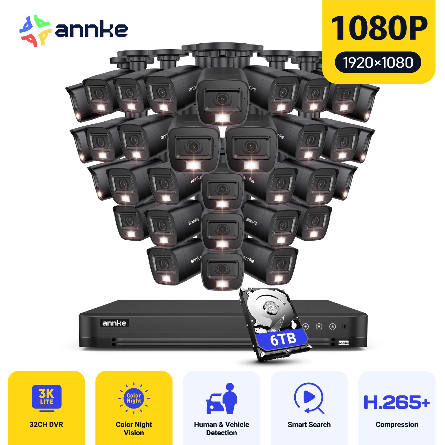 ANNKE 3K Lite 32CH 5IN1 DVR 1080P CCTV Security Camera System Color Night Vision