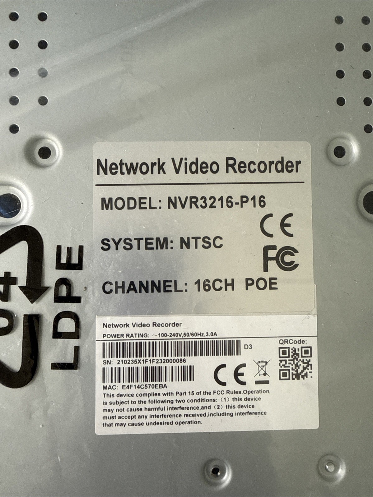Vonnision Panoob 4K 16CH PoE NVR Network Video Recorder NTSC NVR3216-P16
