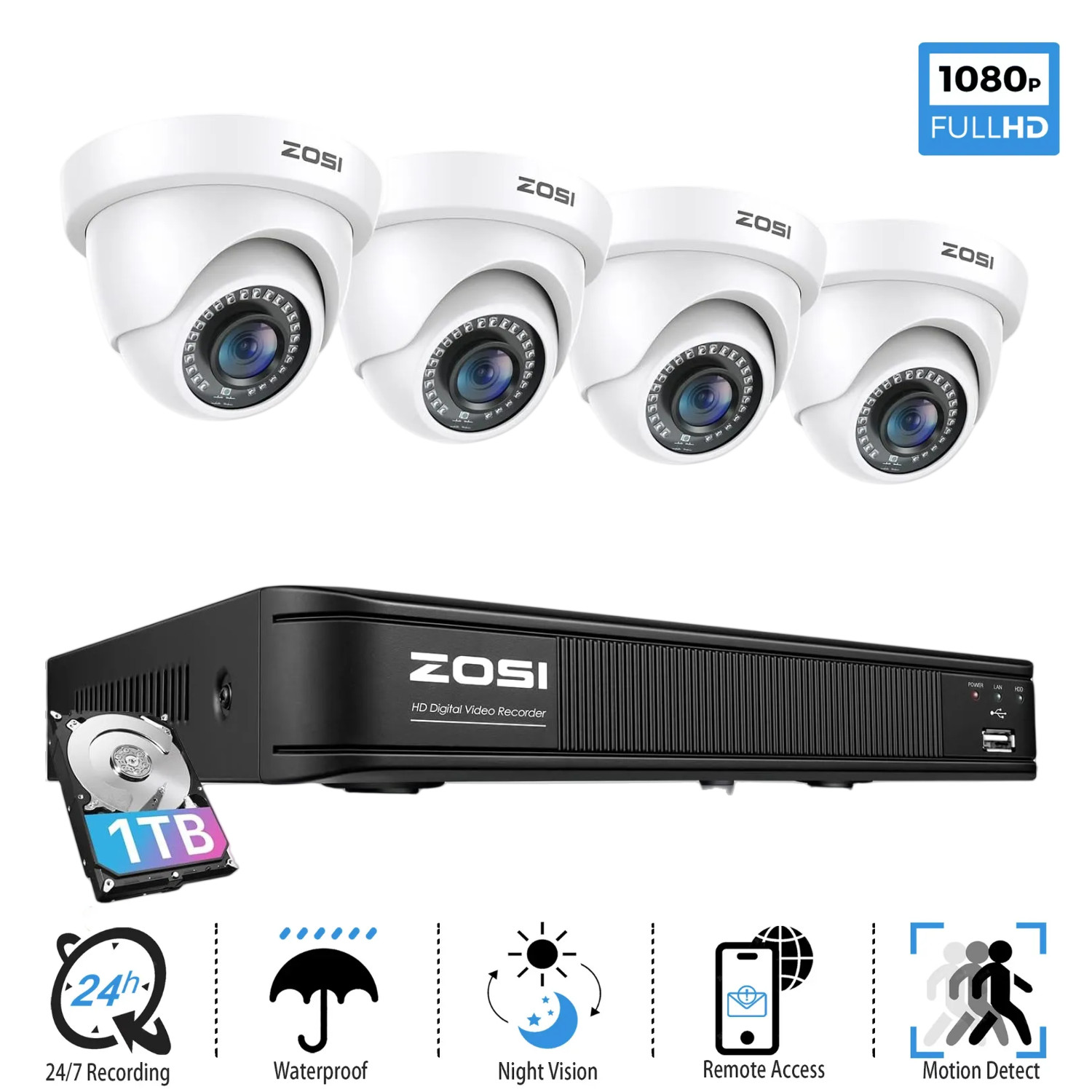 ZOSI 1080p Surveillance 8CH DVR Security Home Camera System 1TB HDMI IR Night