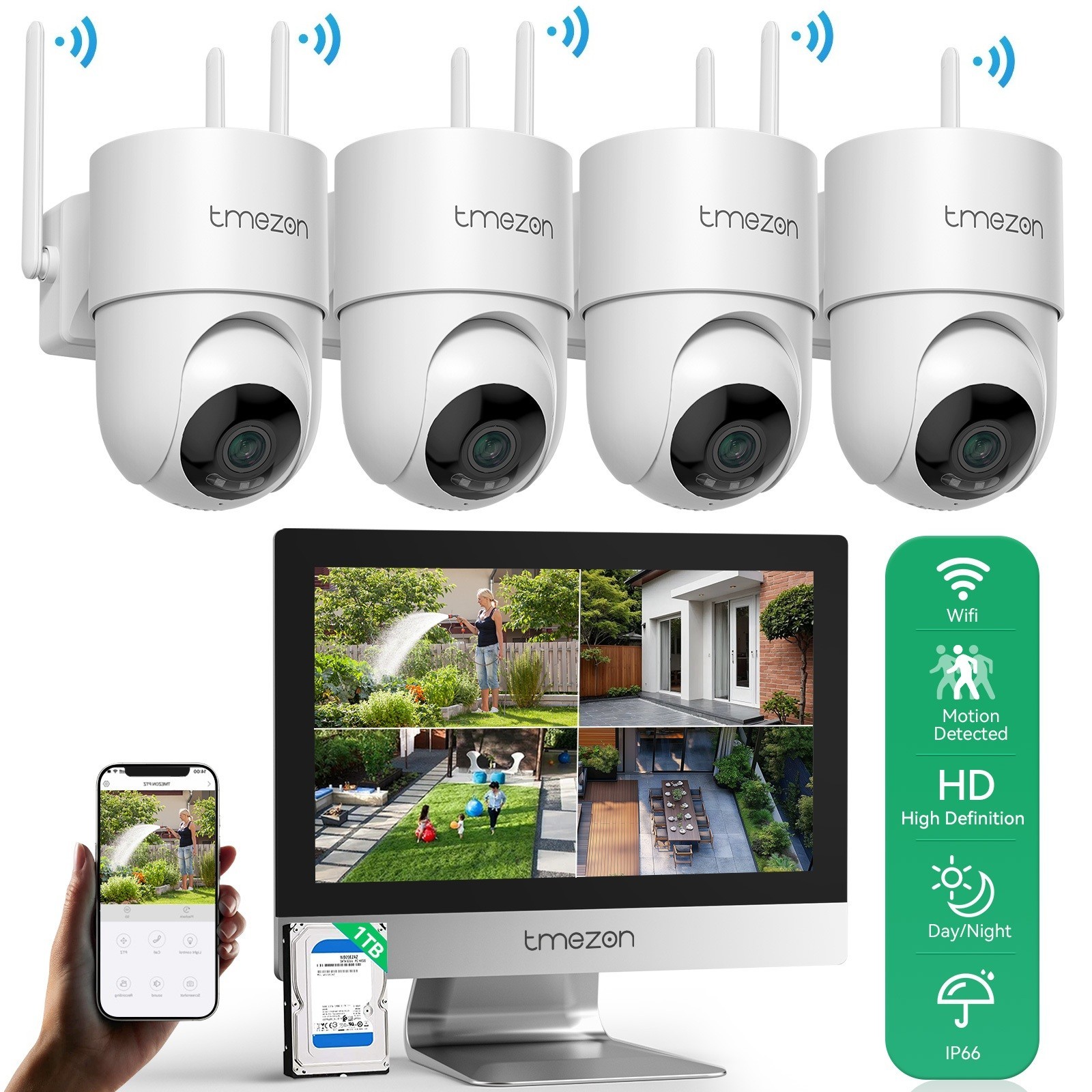 Outdoor Wireless Security Camera System PTZ WiFi 10CH 12”Monitor 1TB Night View