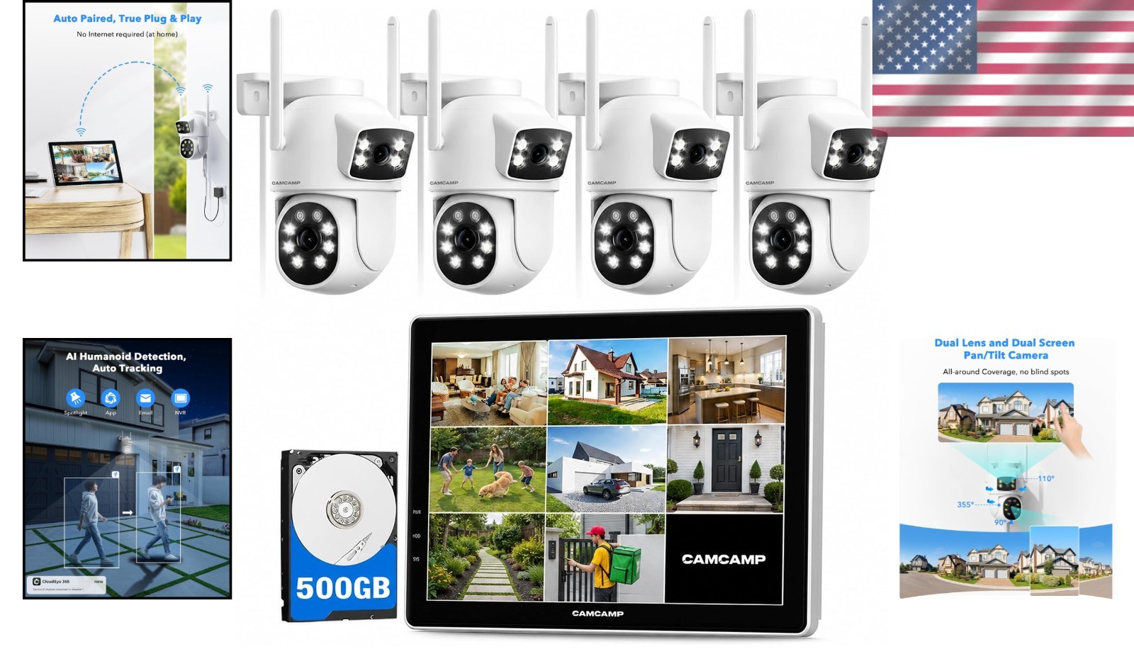 Wireless Security Camera System with 10.1″ Monitor & Dual Lens PTZ Cameras
