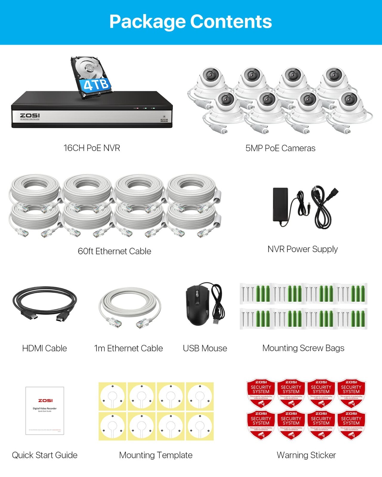 ZOSI 16CH NVR H.265+ 4K 8MP PoE Security 5MP IP Recycle Record Camera System 4TB