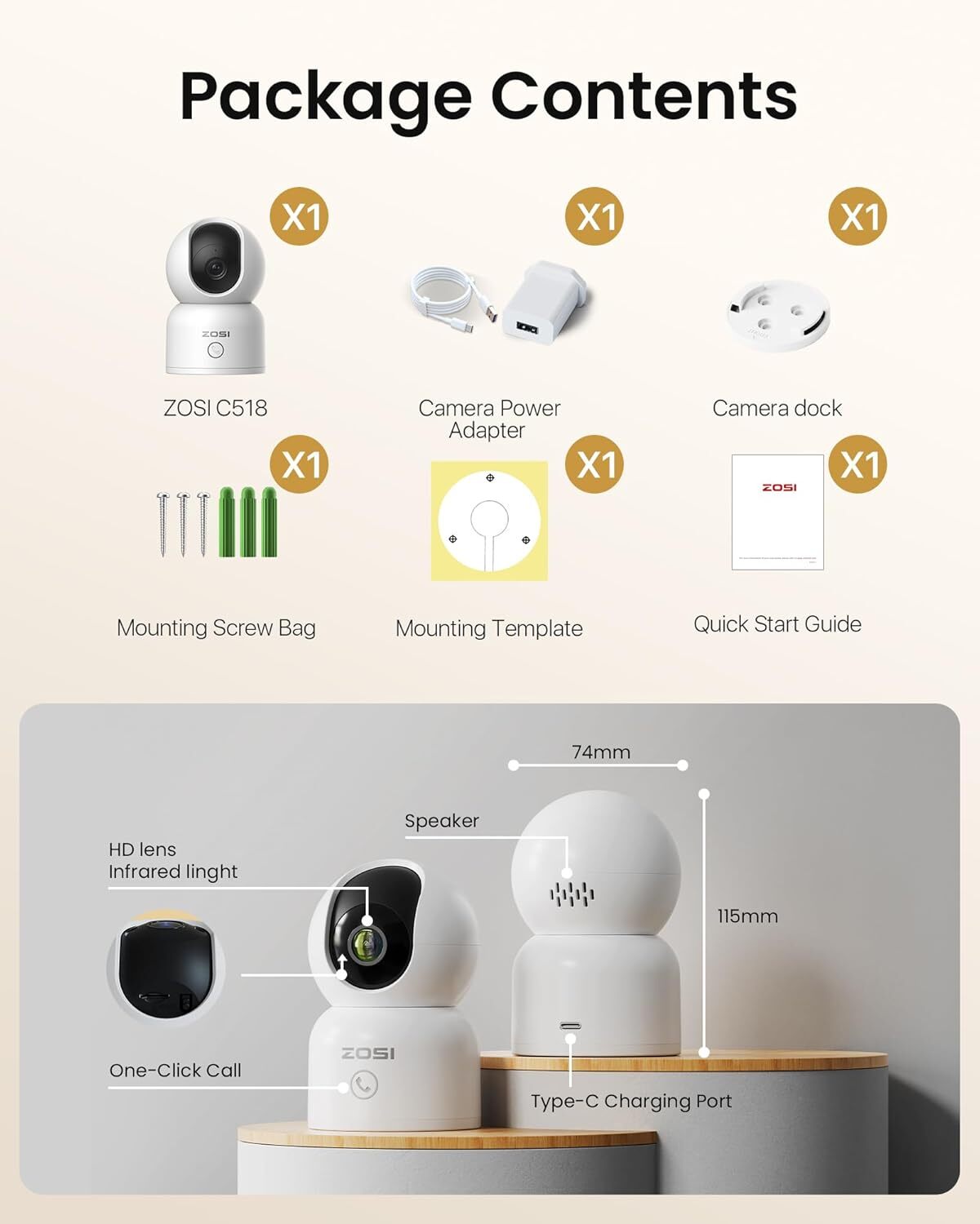 ZOSI 2K 3MP 360° Pan/Tilt Indoor WiFi Security Surveillance IP Camera 2.4/5GHz