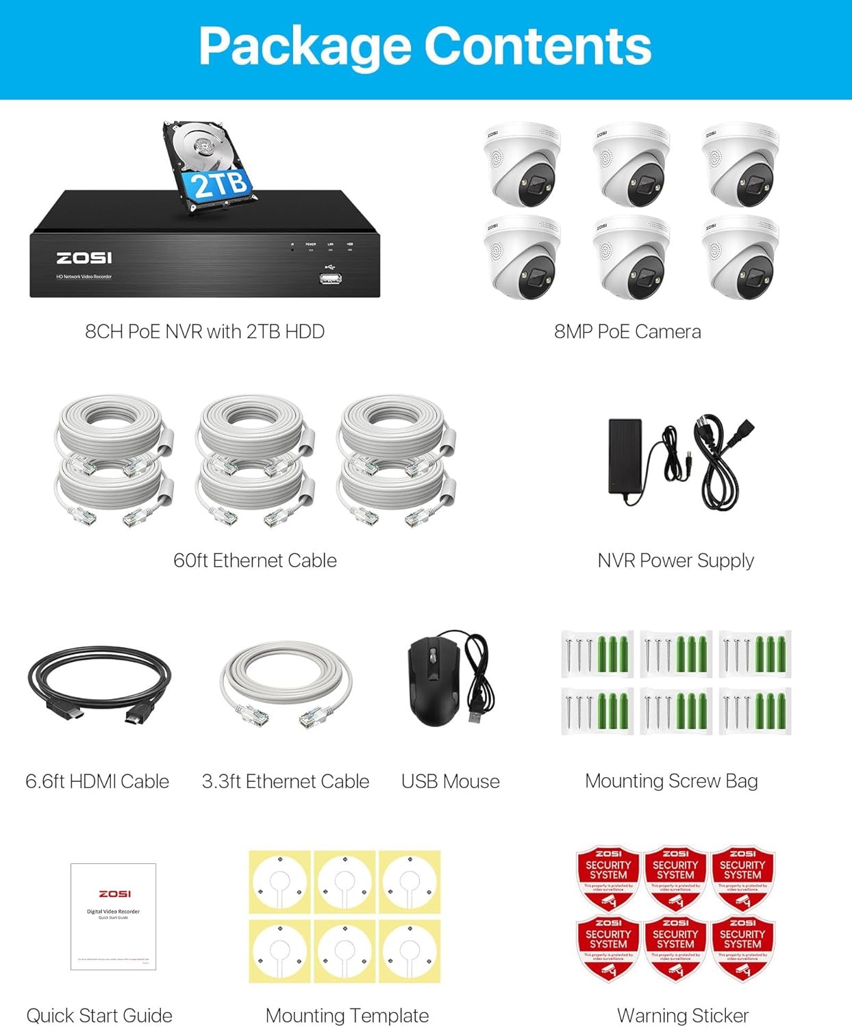 ZOSI 8CH 4K 8MP Outdoor PoE Security Camera System 2 Way Audio Night Vision 2TB