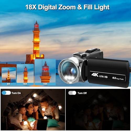 4K 48MP Camcorder, Vlogging Camera with Microphone for Beginners, Anti-Shake
