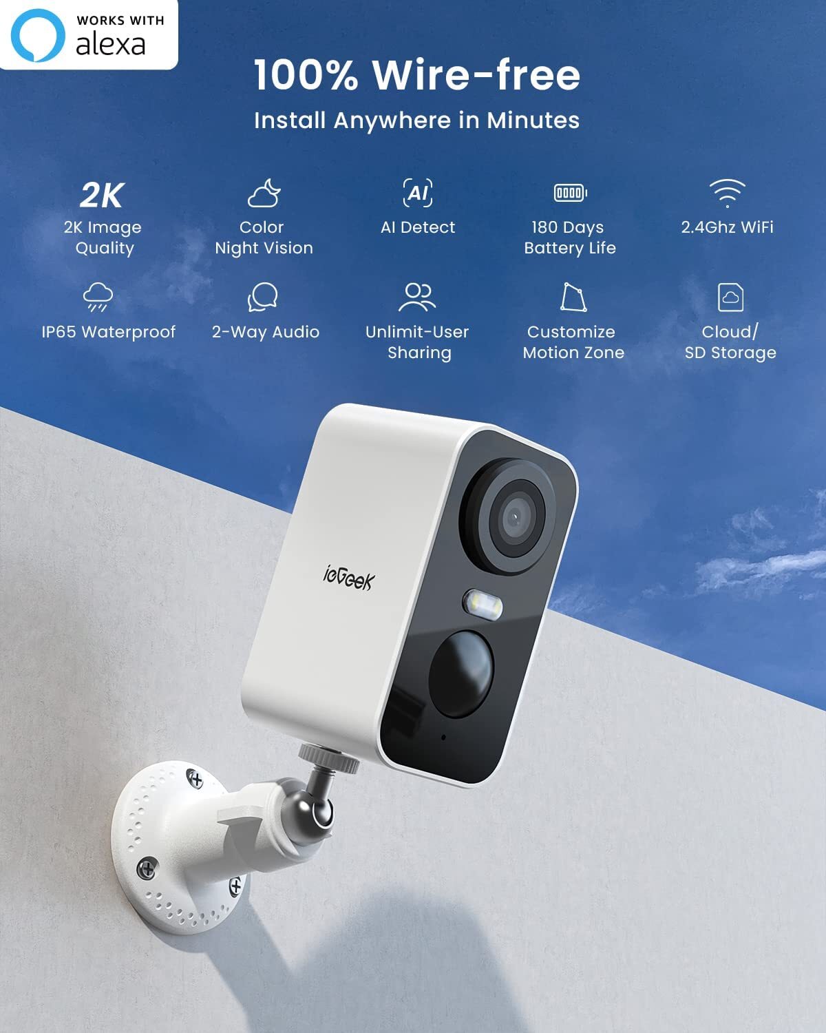 ieGeek 2K Battery Security Camera Wireless Wifi Outdoor IP Home CCTV Color Night