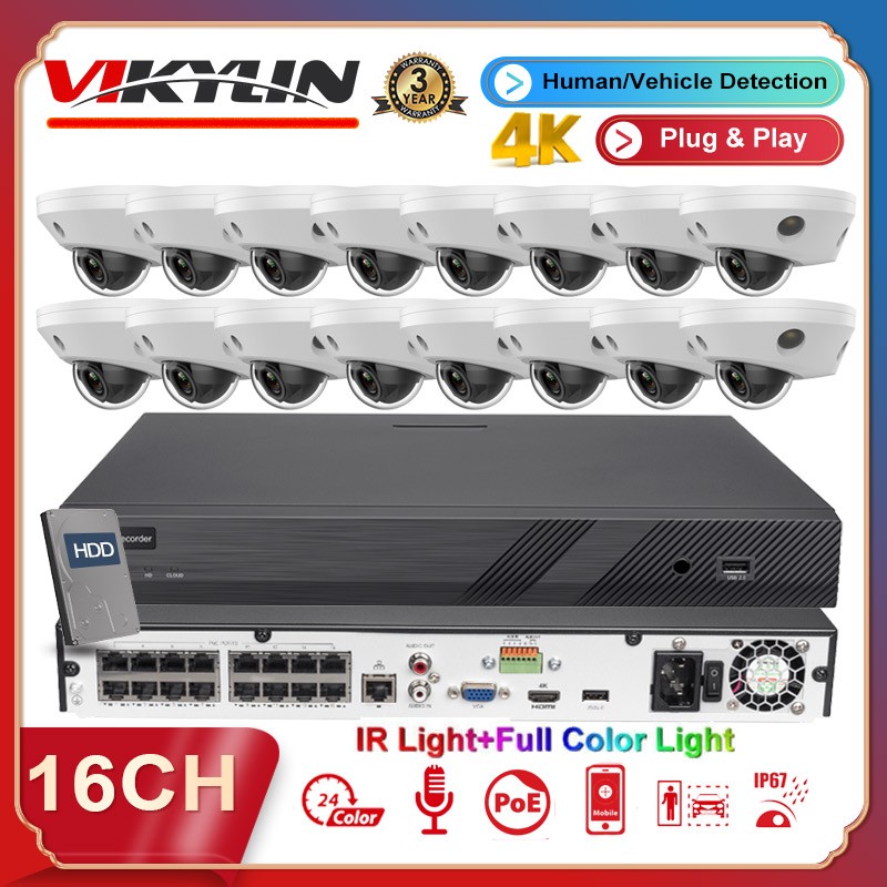 Vikylin 4K 16CH 16POE CCTV System 8MP IP Camera Dual Light Full Color+IR MIC Lot