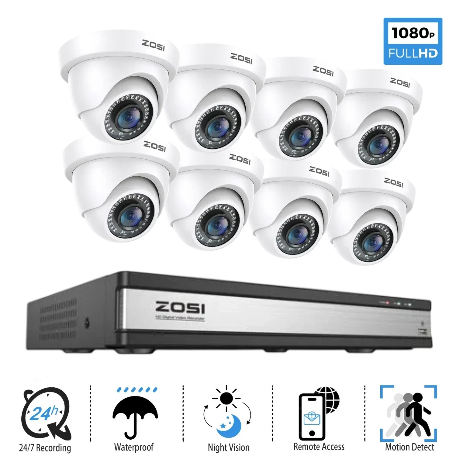 ZOSI 8/16CH 3K Lite DVR 1080P HD Outdoor Security Camera System Human Detection