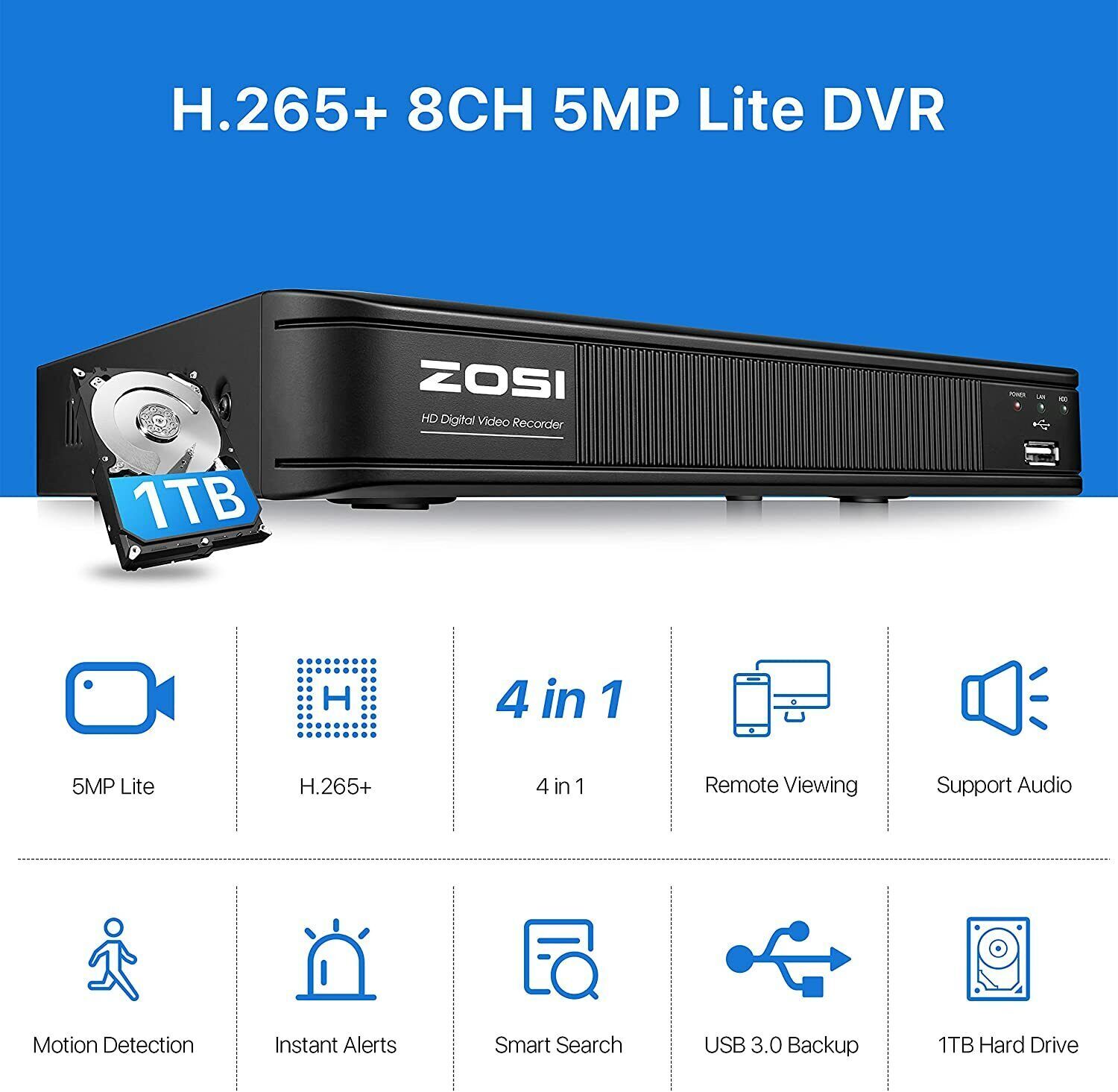 ZOSI H.265+8CH 5MP-Lite DVR CCTV Home Outdoor 1080p Security Camera System 1TB