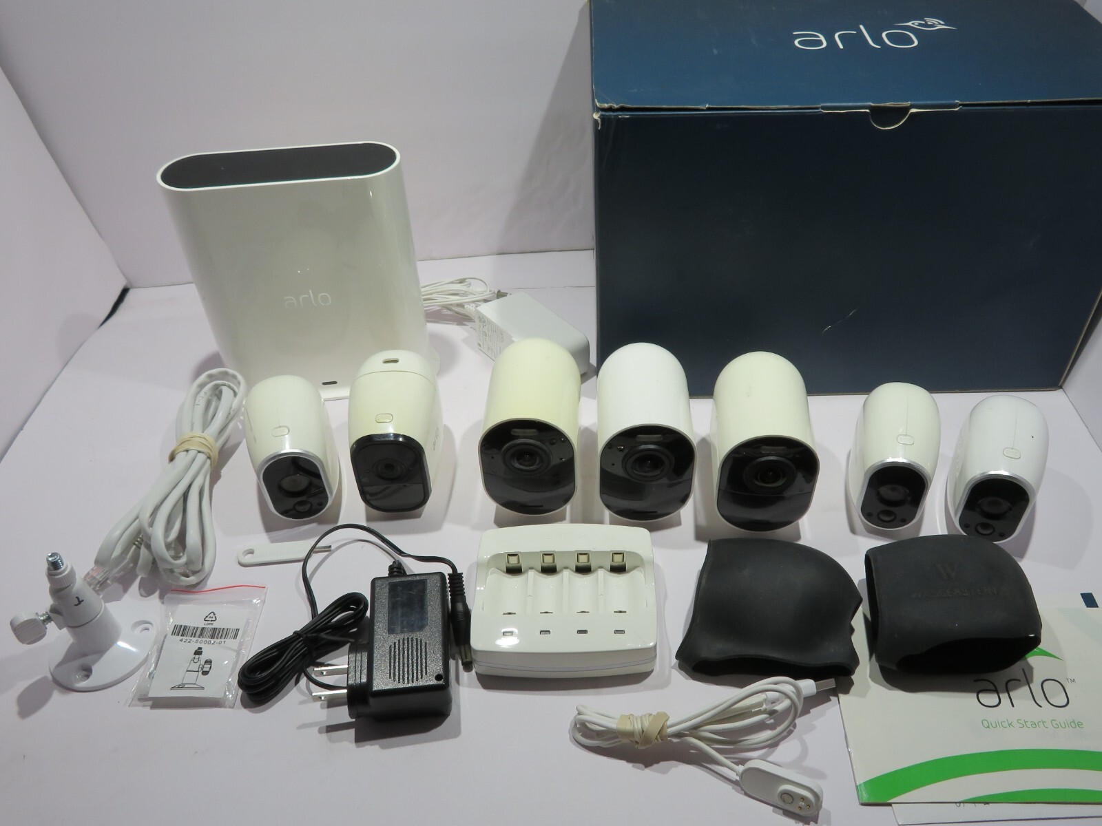 Lot of 7 Arlo Security Cameras + Netgear Base Station + Many Accessories