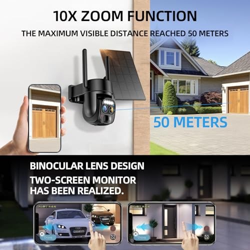 Hawkray Pannel Solar Wireless Outdoor Security Camera， Dual-Lens, 10xZoom, 2K