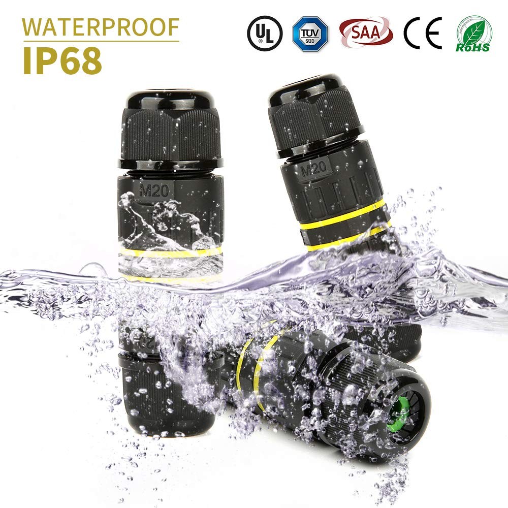 3 Pole Wire Connector Waterproof IP68 External Electrical M20-3Pin, Black