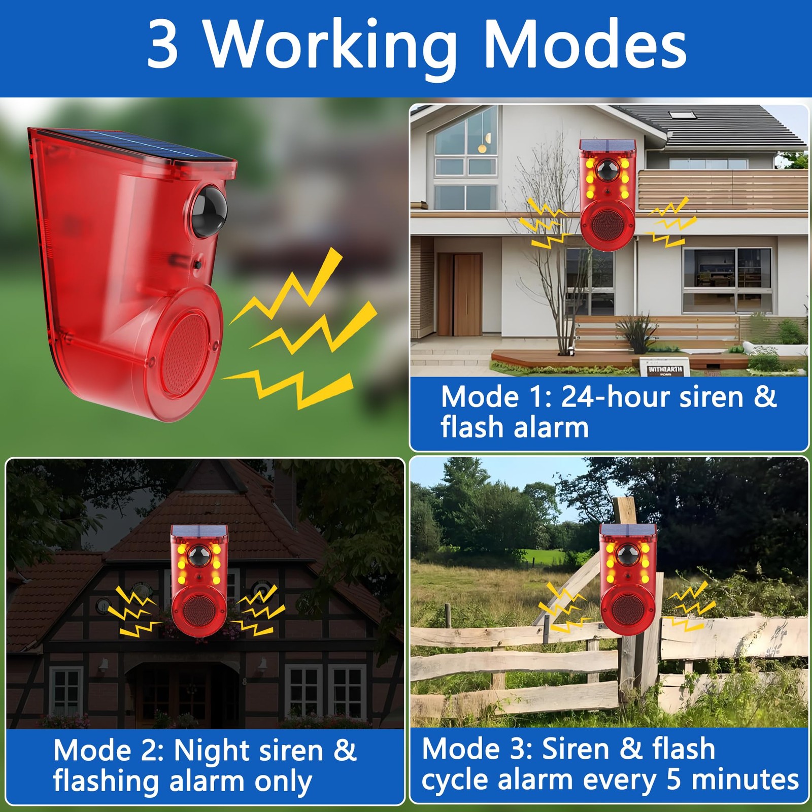 Solar Outdoor Motion Sensor Alarm: 110db Siren Sound,6 LEDs Flash Warning Str…