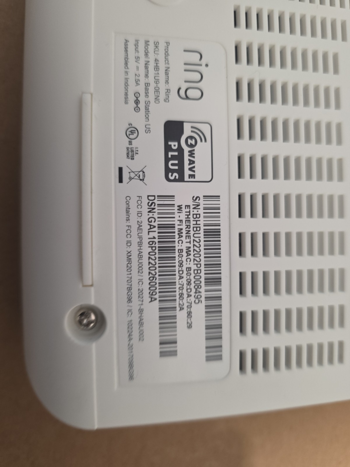 Ring Alarm Base Station US Z Wave+ 4HB1U9-0EN0 Gen 2 W/Power Cable WiFi-Indoor