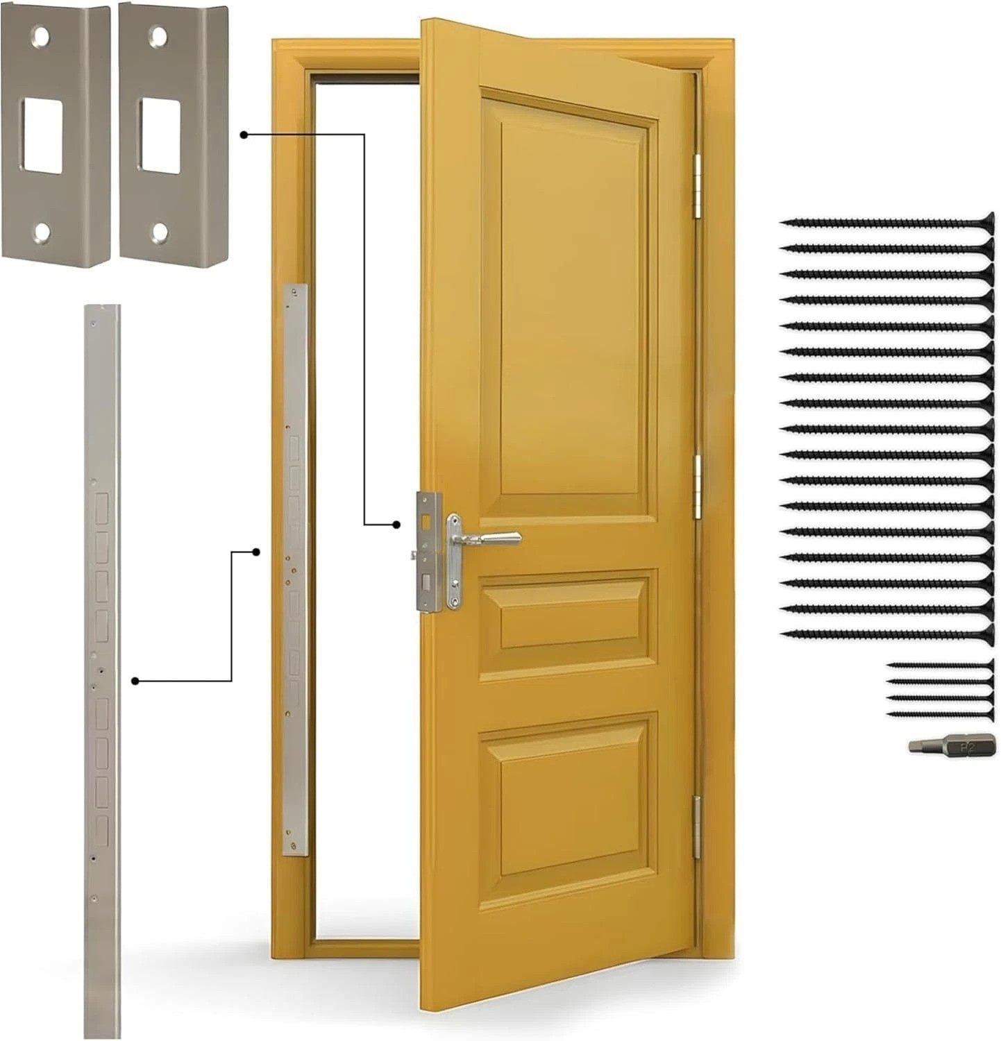 Door Armor MINI 3pc Steel Security Kit – Satin Nickel – Anti Kick-in Protection