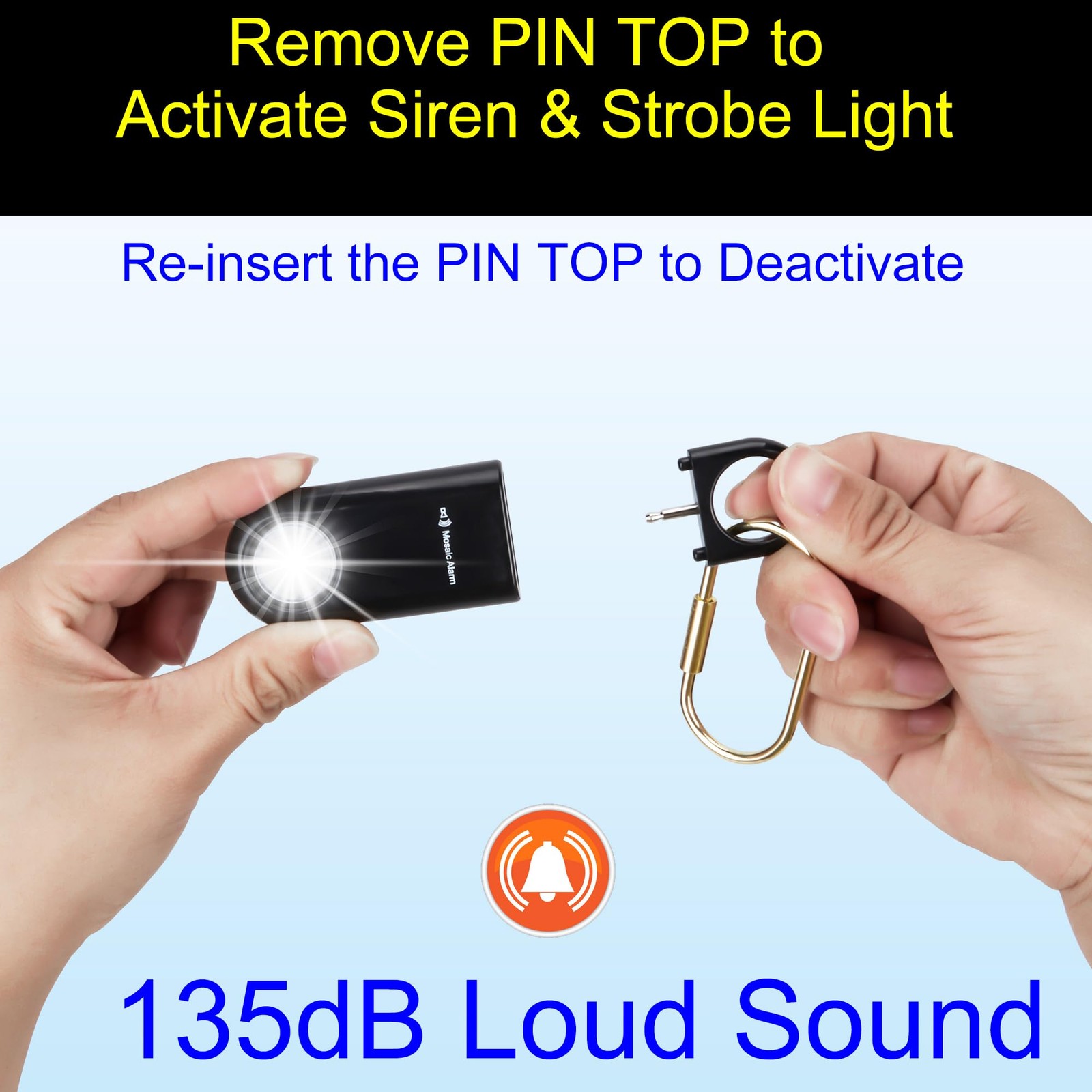 135dB Rechargeable Personal Safety Alarm Strobe Light Flashlight Keychain Sir…