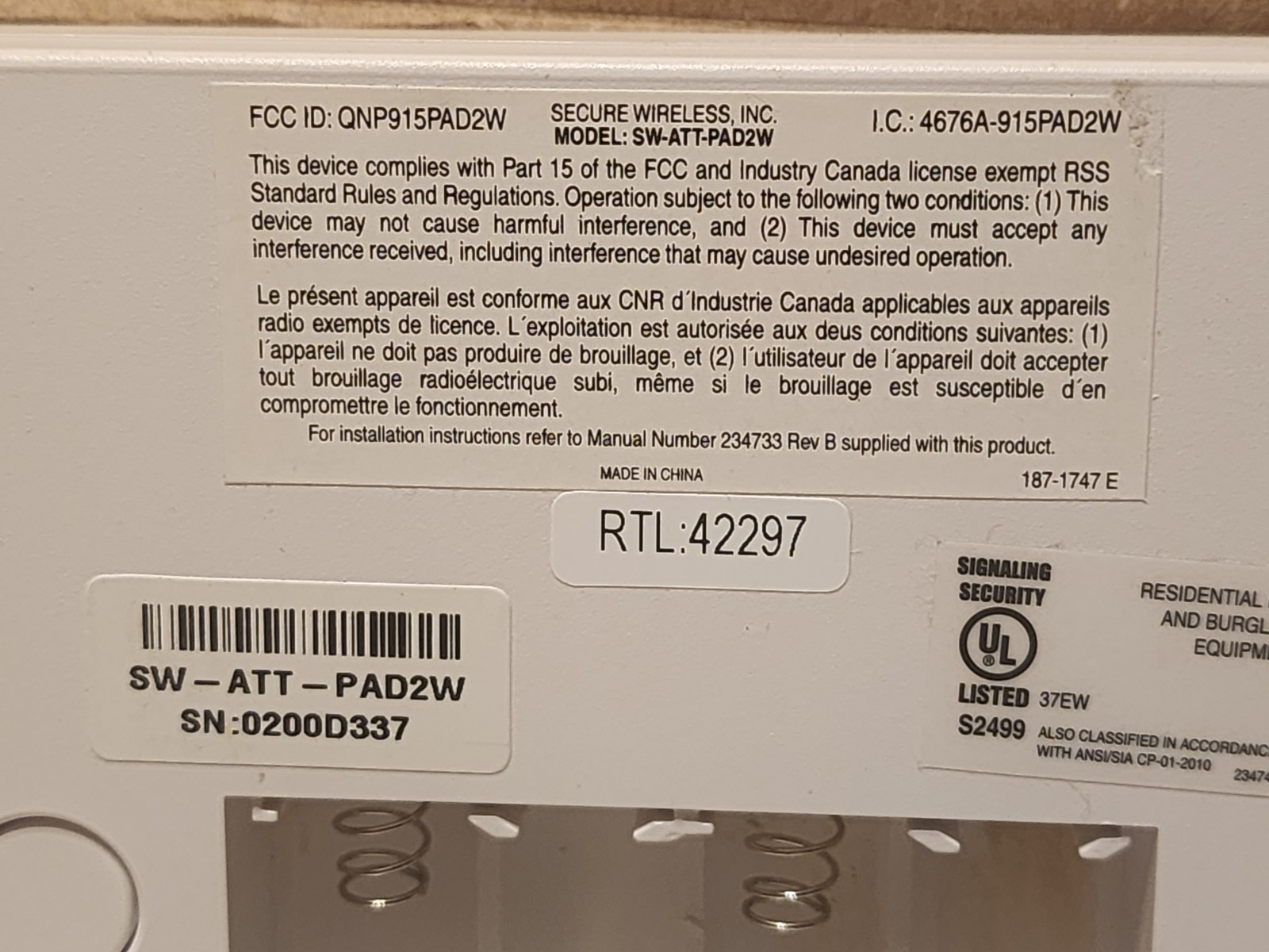 AT&T 42297 SW-ATT-PAD2W Digital Life Alarm Keypad Control Panel Only