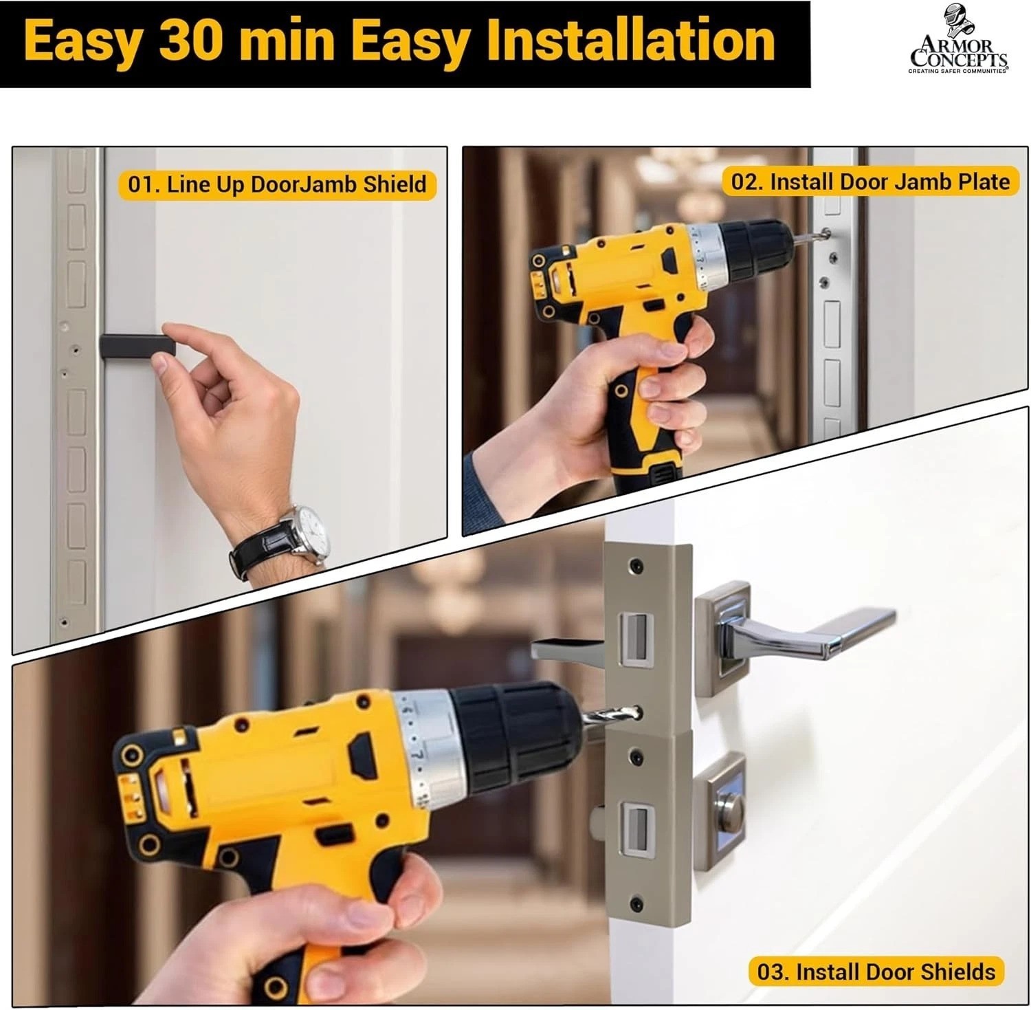 Door Armor MINI 3pc Steel Security Kit – Satin Nickel – Anti Kick-in Protection
