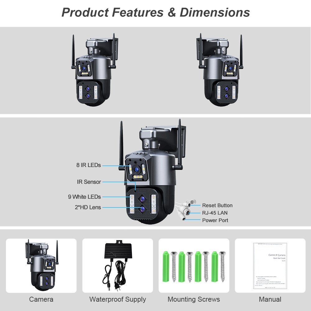 WiFi 12MP Wireless PTZ Camera Security Waterproof 3-Lens Auto Tracking IP CCTV