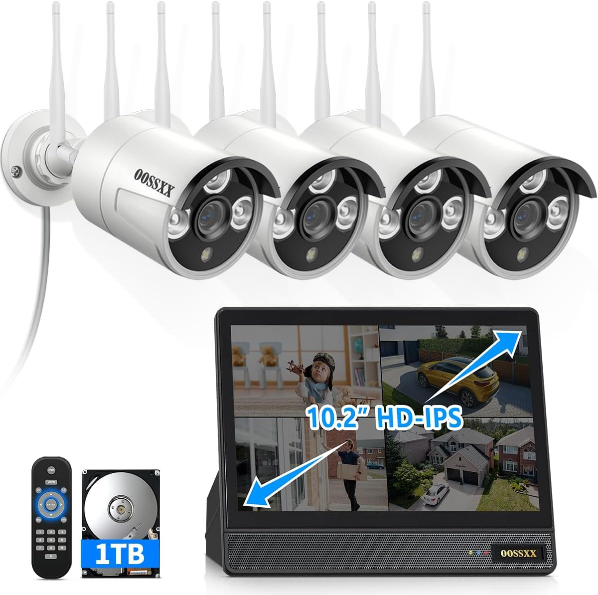 (2026 New) Wireless Security Camera System, 10CH 10” IPS Monitor NVR with 4 X 3