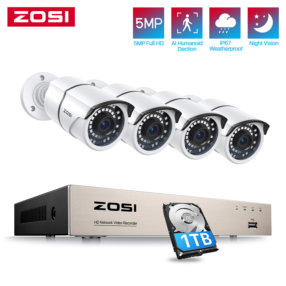 ZOSI H.265+ 5MP 8CH NVR HD POE Security Camera System Outdoor Watherproof 2TB