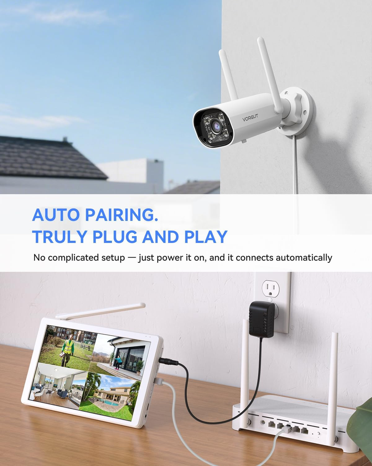 Wireless Security Camera System with 10″ LCD Monitor, 2PCS 3MP Bullet Outdoor Ca