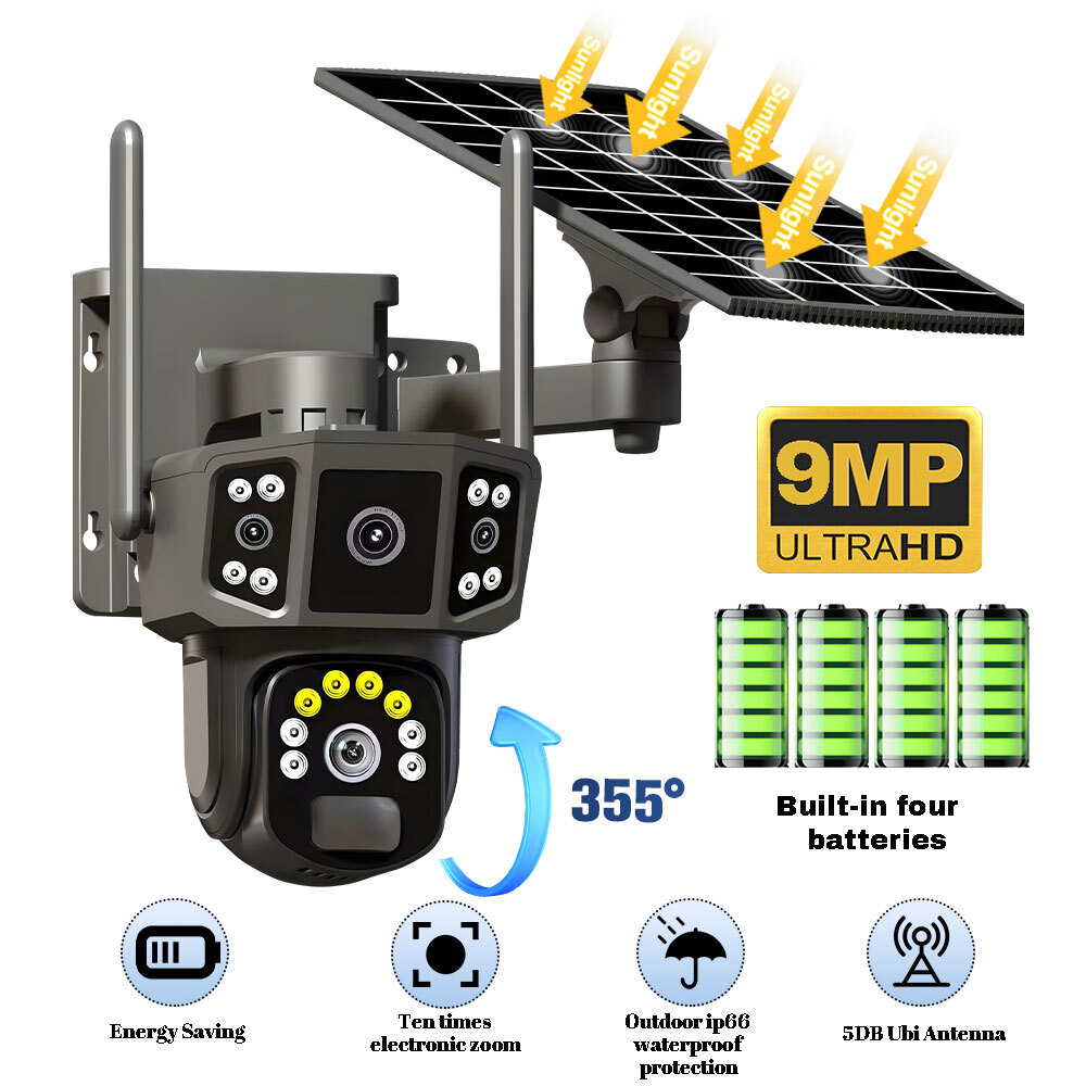 9MP4K Dual Screen Solar Camera Outdoor Wireless WiFi PTZ Dual Lens Security