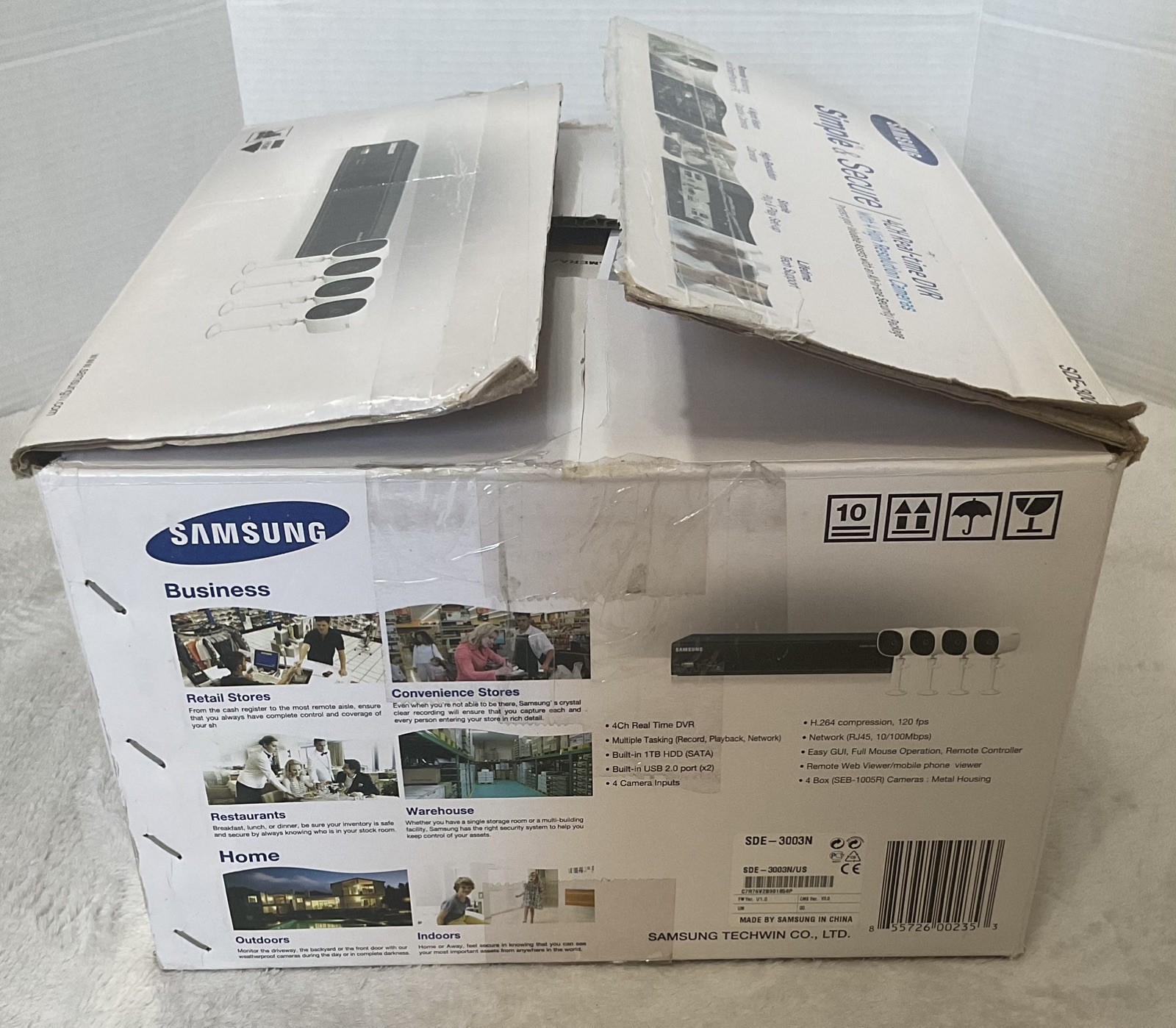 Samsung 4CH Real-Time DVR w/ 4 Hi-Res Cameras 1TB HDD #SDE-3003 New Open Box