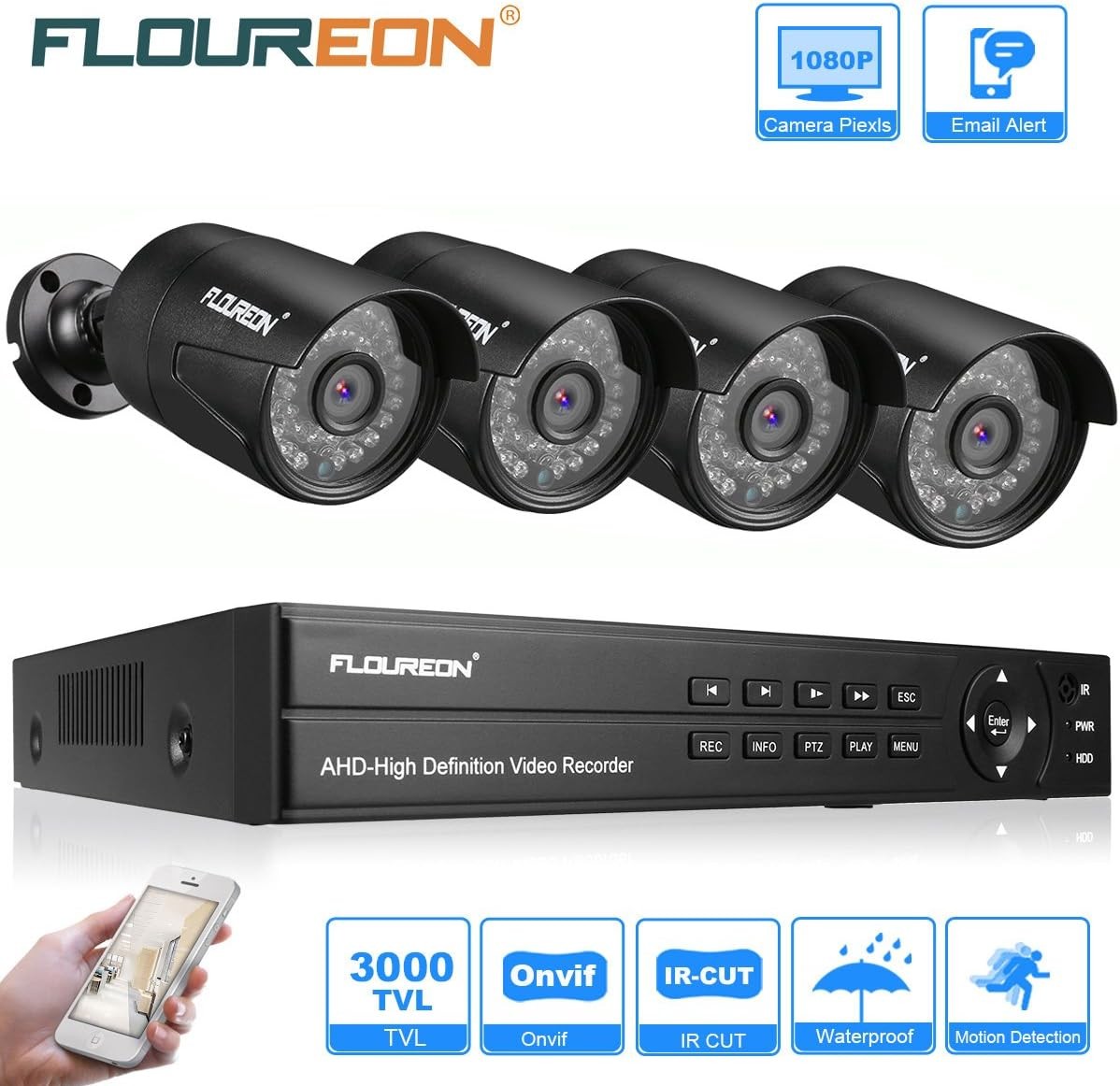 FLOUREON Wired 8CH 1TB 5in1 Hybrid DVR 1080P Outdoor Security Camera System Kit