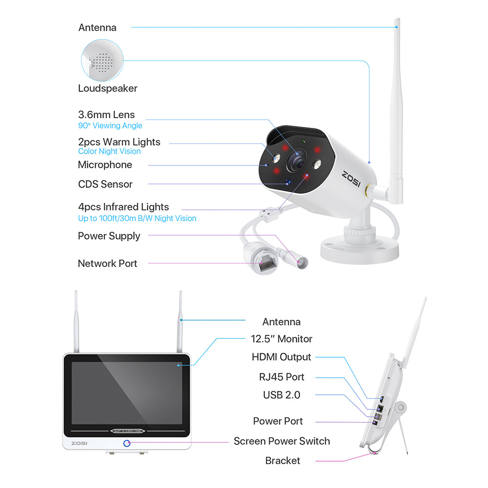 ZOSI 8CH 3MP Home Wireless Security Camera System 12.5″ LCD Monitor 2K WiFi NVR