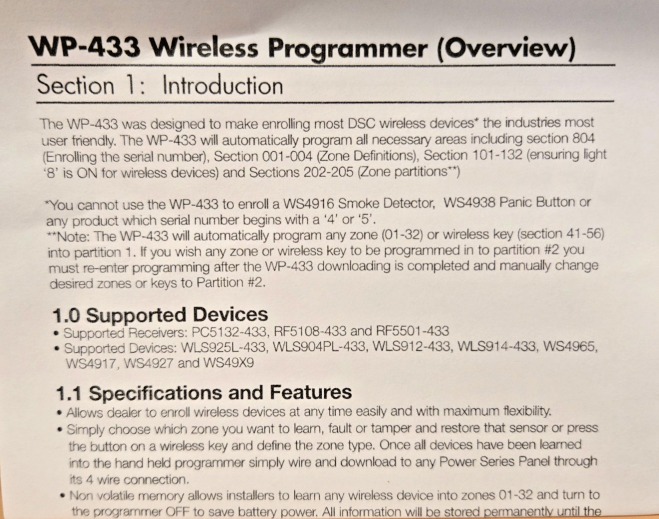 DSC WP-433 Wireless Programmer 433 MHz Sensor Programmer With Instructions