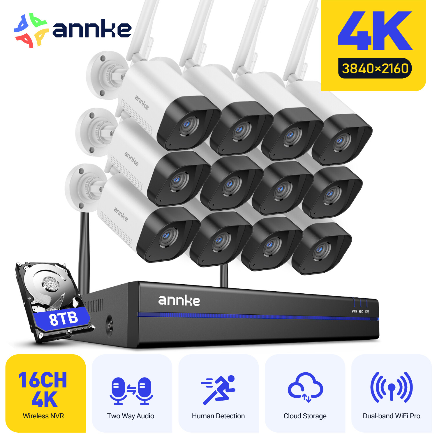 ANNKE Wireless 16CH NVR 4K Security Camera System 8MP Two Way Audio AI Detection